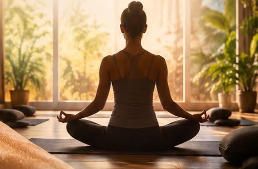 Frau im Schneidersitz bei der Yoga-Meditation vor großen Fenstern im warmen Licht
