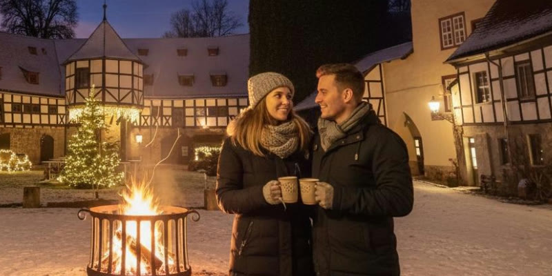 Paar mit Heißgetränken an der Feuerschale im verschneiten Innenhof des Wasserschlosses Westerburg